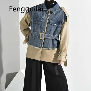 FENGGUILAI Свободно cut, жан превръзка от неопрен цвят каки, сако голям размер ново дамско палто с дълъг ръкав и ревери, моден тренд за есен-зима 2020 г., черен