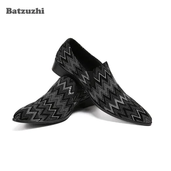 Batzuzhi/ Мъжки модел обувки от естествена кожа, Мъжки обувки с кристали, Ежедневни Кожени Oxfords без обков с остър бомбе, Мъжки обувки-oxfords, 38-46
