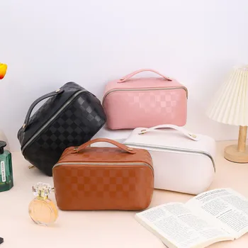 Чанта-възглавница от изкуствена кожа, градинска косметичка, водоустойчиви дамски клетчатая чанта за съхранение, дамски косметичка, органайзер за тоалетни принадлежности, калъфи за грим