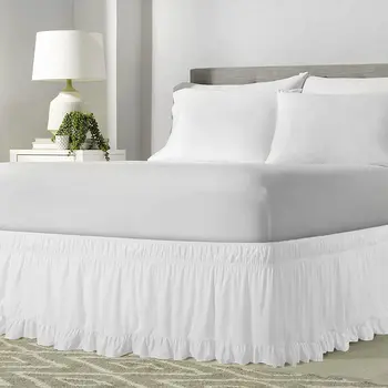 Бяла растянутая пола за легла с рюшами, елегантни и семпли модерни ластични поли за подреждане на легло, пола за домашен декор