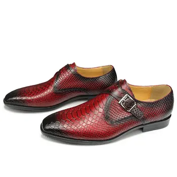 Нова мъжки обувки в змеином стил, ежедневни модельная обувки за партита, лоферы с метална катарама, Zapatos Hombr, ръчна изработка, естествена червена подметка за възрастни мъже КН