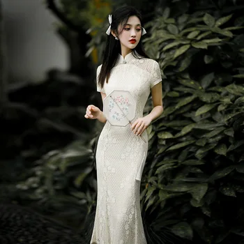 2023 Лятото ново дантелено рокля Чонсам с бродерия под формата на рибено опашката, елегантна рокля с дълъг пискюл, китайското женско сватбена рокля Ципао