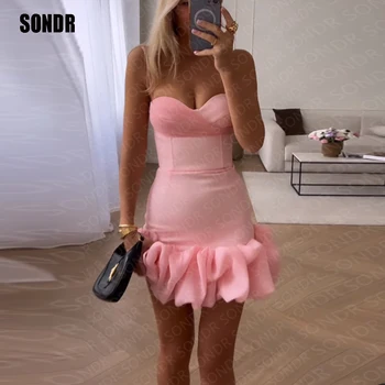 SONDR Кратко светло розова рокля за бала, без ръкави, мини-красиви вечерни рокли за клуба, вечерни рокли 2023, коктейлни рокли