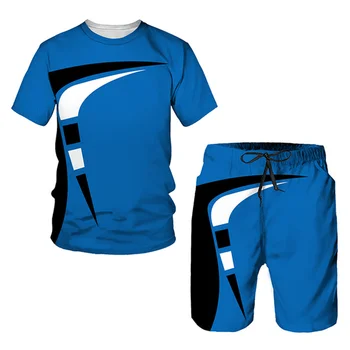 Американски извънгабаритни мъжки тенденция ежедневни спортни костюми 2023, тениски с 3D цифрово принтом, къси панталони, комплект дрехи от 2 теми, нов годишният европейски