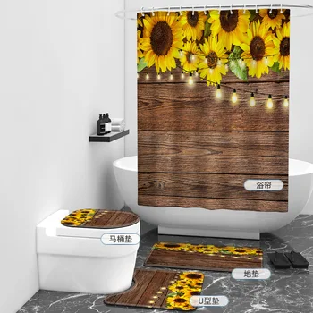 Комплект за баня с 3D принтом слънчоглед, душ завеса за душ, комплект постелки за баня, килими, декорация за тоалетна, мат 02