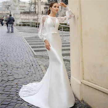 Дантелено атласное сватбена рокля на Русалка с дълъг ръкав-фенерче, елегантните плажни рокли сватба с кръгло деколте и лък vestidos de новия