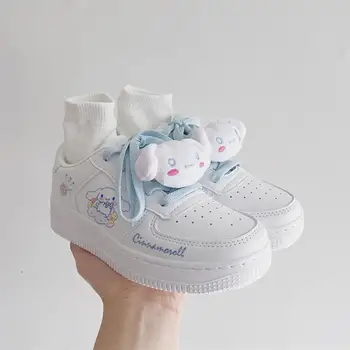 Sanrio Cinnamoroll/ Пролет студентски парусиновая обувки, дамски обувки на равна подметка, детски спортни обувки дантела с анимационни герои, сини малки бели обувки