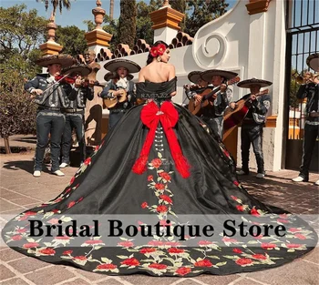 Мексиканското бална рокля, буйни рокли с лък, сладка рокля 16 цвята, апликации, мъниста, перли, Vestidos De 15 Años, сватбена рокля