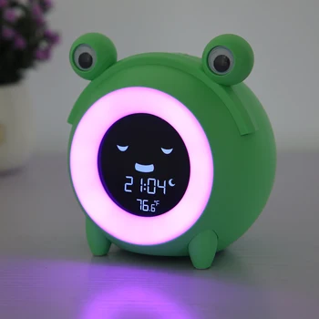 Сладък детски алармен часовник с животни, симулатор за сън, цифрова пробуждане, цветни лека нощ, температурата на повторение, таймер за сън, детски будилник