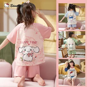 Модерен детски памук пижамный комплект Sanrio, летен комплект Kawaii Cinnamoroll Kuromi с анимационни герои за момичета и момчета, висококачествени къси панталони с къси ръкави за деца