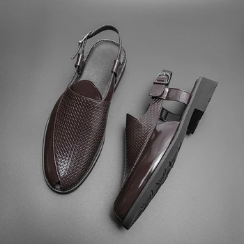 Мъжки сандали кафяви, черни плетени сандали от изкуствена кожа са ръчно изработени с тока и каишка, на модела обувки, безплатна доставка, размер 38-47