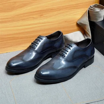 Мъжки модельная обувки с високо качество, италиански ръчно изработени обувки с кръгло бомбе премиум-клас дантела, обувки за сватбен банкет, офис бизнес облекло