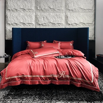 Висококачествен комплект спално бельо от чист памук с бродерия в изчистен стил, пухени от четири части, чаршаф, калъфка за възглавница, червен