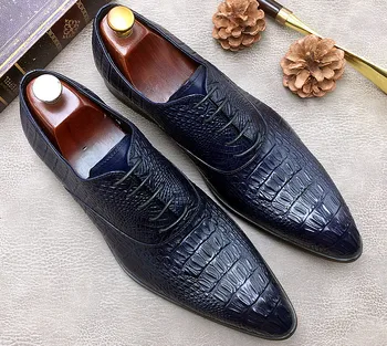 Нов стил, модел обувки с остър пръсти от естествена кожа крокодилска кожа, дантела, мъжки бизнес ежедневни офис обувки в английски стил