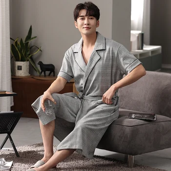2023 Летни памучни халати за баня за по-големи размери с къс ръкав за мъже, корейската ежедневни пижама в клетката, халат за баня, мъжки домашни дрехи, домашно облекло за почивка