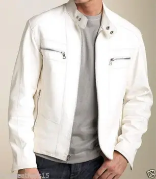 Мъжки бял яке от естествена кожа, приталенное байкерское кожени палта, модни връхни дрехи