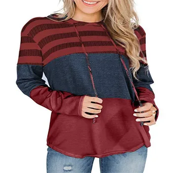 2022, пролет и есен, нов дамски моден случайни топ в ивица, пуловер с качулка за свободен дизайн, пуловер контрастен цвят с дълъг ръкав