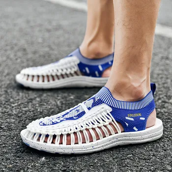 Сини мъжки сандали с плетением, модни дишащи мъжки дизайнерски сандали, удобни и леки мъжки улични сандали Sandalia Masculina