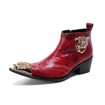 Вино-червено дишащи мъжки кожени обувки с метален остър пръсти, трендови кожени обувки, индивидуалност, обувки на среден ток