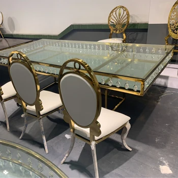 По-евтин правоъгълна маса за хранене, златна сватбена луксозна маса за хранене от неръждаема стомана