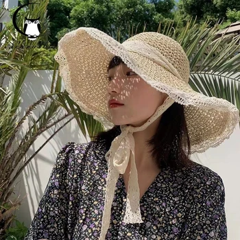 Елегантен дамски годишната лейси плажна шапка, корейската ветрозащитная пътна шапка с широка периферия, сламена шапка, модна шапка, устойчиви на uv
