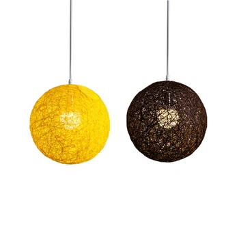 2X Кофейно-Жълт Полилей от бамбук, ратан и канабис с топки За индивидуално творчество, Сферична Лампа от ратан-Гнездо-FS-PHFU