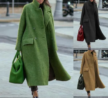 В есенно-зимната дълга вълнена куртка, однотонная, темпераментен, за крайградски пътувания, без колан, с ревери, свободен вид, вълнена зелена яке