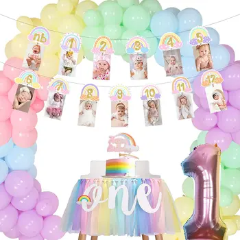 Преливащи украса за парти в чест на 1-ви рожден ден момичета, балони Тестени изделия, комплекти за гирлянди, арка, пастелно дъгата банер със снимка, от първия ден на раждането