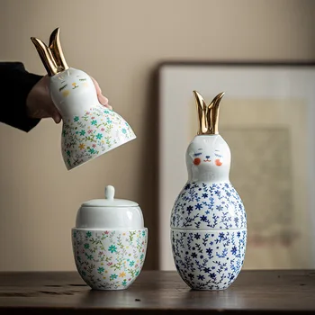 Поставка за чай с ковшиком за чай, керамична саксия, във формата на зайче, с френски флорални орнаменти във формата на златния заек, поставка за кафе