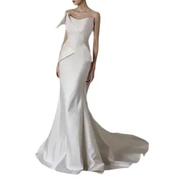 Лесно сватбена рокля с риба опашка от френски сатен за младоженци, тънък най-тромпет, бяла вечерна рокля с малко конска опашка