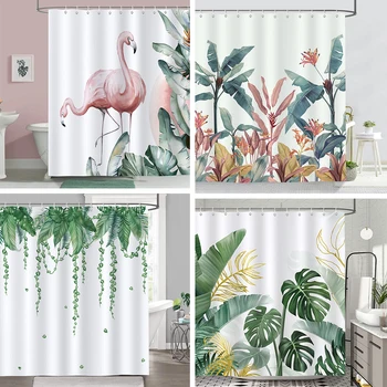 Завеса за душ с фламинго, бръшлян, зелено палмово растение, завеса за баня, тропическо растение, водоустойчив плат, декорация и баня с куки