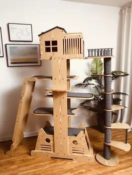 Голяма рамка за катерене котки от масивно дърво, пълнител за котешки тоалетни, когтеточка, когтеточка, космическа капсула, котешки дърво, платформа за скокове