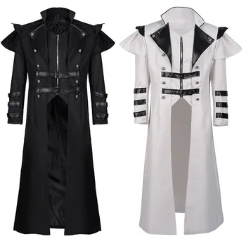 Мъжка черна дълга ветровка, палта в стил пънк, готик яке, средновековен ретро дворец банкетна костюм, дрехи за cosplay на Хелоуин, сценична облекло