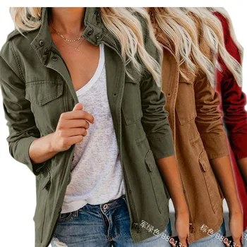 Пролет-есен приталенная модна тенденция однотонная свободна яке с цип с множество джобове, дамско палто