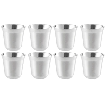 Комплект метални чашки за еспресо от 8 кафеени чаши с двойни стени и чаени чаши, лесен за почистване и може да се мие в съдомиялна машина (80 мл)