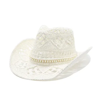 дамски шапки, мъжки ковбойская шапка, луксозна нова елегантна джаз джентльменская сламена шапка, плажно лято панама, дизайнерска мода, перли