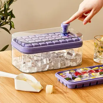 Кутия за изработване на щандове за лед с 64 решетки, стил натискане на един бутон, Пластмасов капак за приготвяне на кубчета лед, под формата на формата за лед с кутия за съхранение