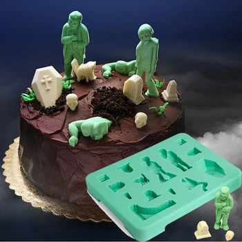 Хелоуин Креативна шоколад форма за торта, инструменти за настъргване на лед, гробницата на зомби, скелет, котка, украса торта, силиконови форми за бонбони