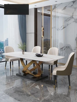 Лесен луксозна маса за хранене е от каменни плочи, италиански минималистичен модерен правоъгълна маса за хранене и стол от скандинавския мрамор, комбинация