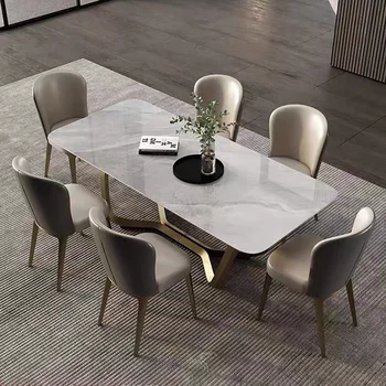 Комбинация от шиферного маса за хранене и столове Модерен и луксозен правоъгълен мраморен маса за хранене