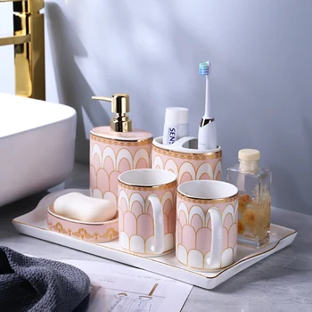 Банята е в европейски стил, керамични баня, набор от пет предмети, домакински лека луксозна чаша за изплакване, комплект за баня, чаша за четка за зъби