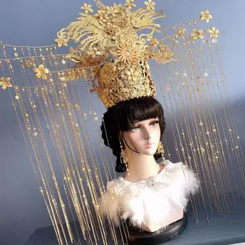 Китайската древна шапка Ханфу с корона на кралица, сватбена прическа от Финикс, луксозни златни шапки