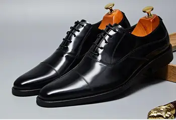 Нов италиански ръчно изработени обувки, черни мъжки обувки, сватбени обувки от естествена кожа с високо берцем дантела, вечерни модела обувки