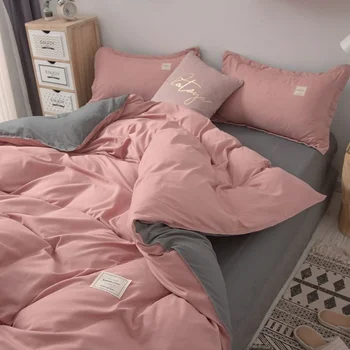 Прост японски обикновен розов комплект спално бельо Двоен Full Queen King Size, спално бельо за момичета, жени, полиестерна легло, плосък чаршаф, калъфка за възглавница