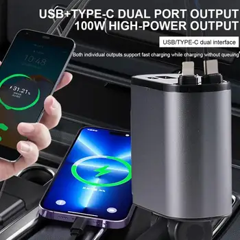 100 Вата на 4 В 1 Выдвижное Зарядно за Кола USB Type C Кабел За iPhone Huawei Samsung Кабел за Бързо Зареждане Запалка Адаптер