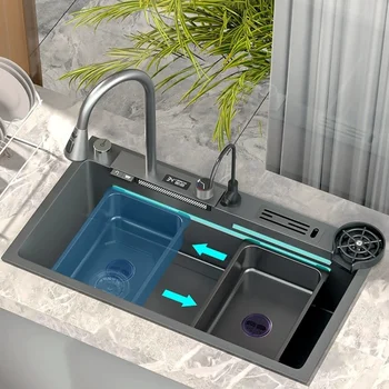Кухненска мивка с водопад от неръждаема стомана 304, дигитален дисплей, голяма мивка за измиване на съдове с мулти-сензорен контрол