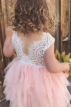 Розова рокля на цветчета за момичетата, сладки нива апликация със завързана отгоре, сватбени рокли за парти, рожден ден, първото причастие