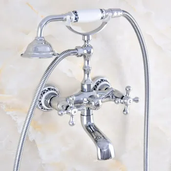 Полиран хром смесител за вана с когтистыми крака, монтиране на стена, ръчен смесител за душ и вана