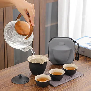 Пътен чаен комплект Експрес-чаша-1 пот, 3 чаши, 1 опаковка-преносим комплект чаши с капак, на улицата, определени за кунг-фу, чайник