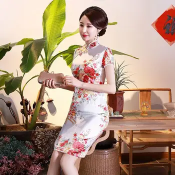 Яка-часова, къс ръкав, дискови ключалката, страничен разрез, женски Ципао в китайски стил с благородна цветисти принтом, дамски дрехи